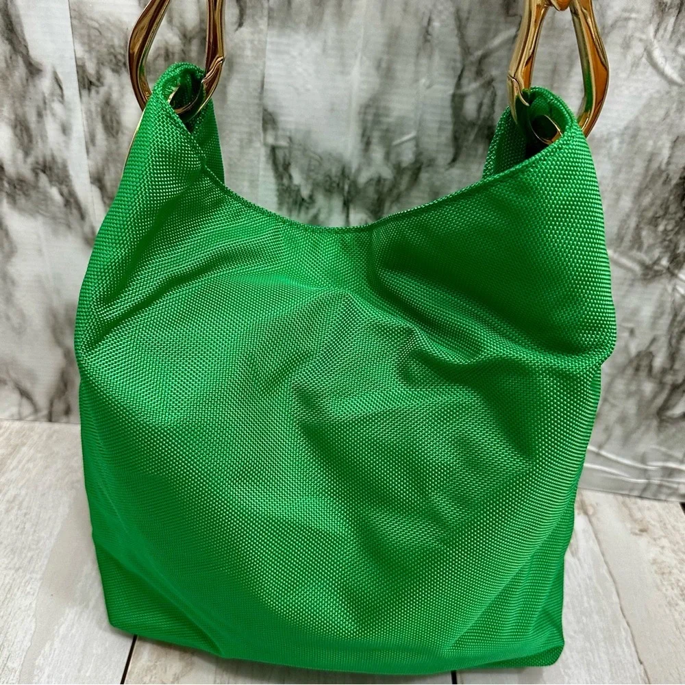 Vibrant Green Nylon Hobo Shoulder Bag Black Strap Gold Hardware Tote Bold Bright